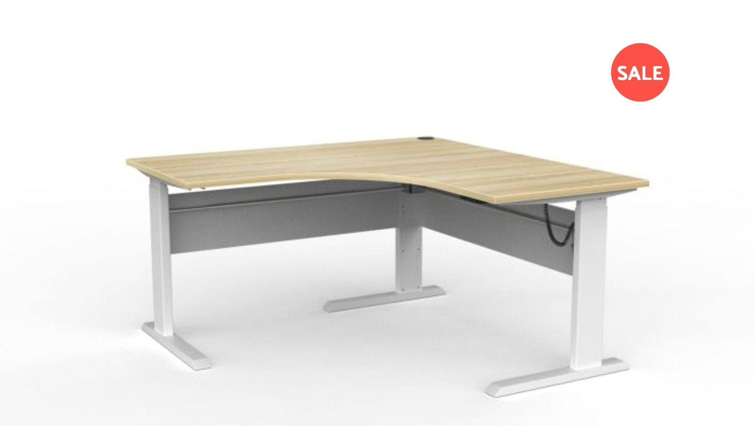 Desks 1500 x 1500 / White / Atlantic oak Cubit Electric Height Adjust Workstation - Clearance